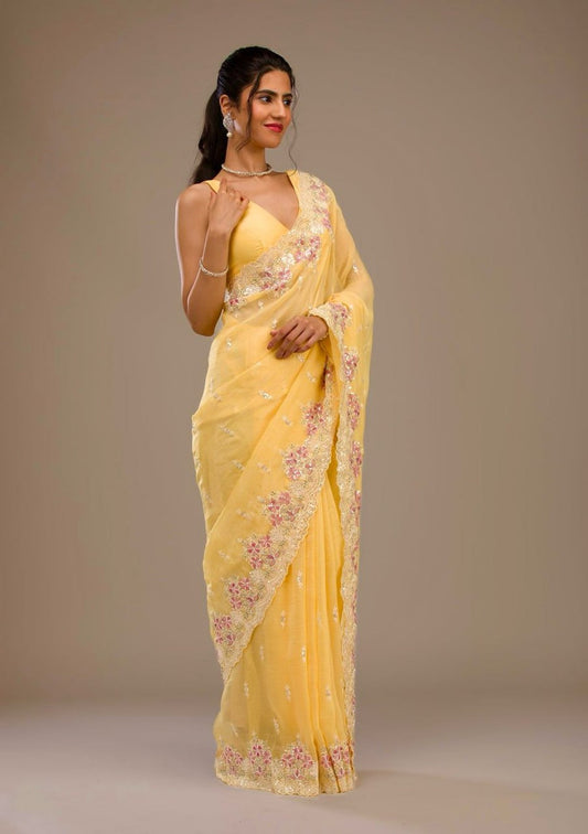 Premium Crunchy Heavy Embroidery Threads & Sequins Work Saree