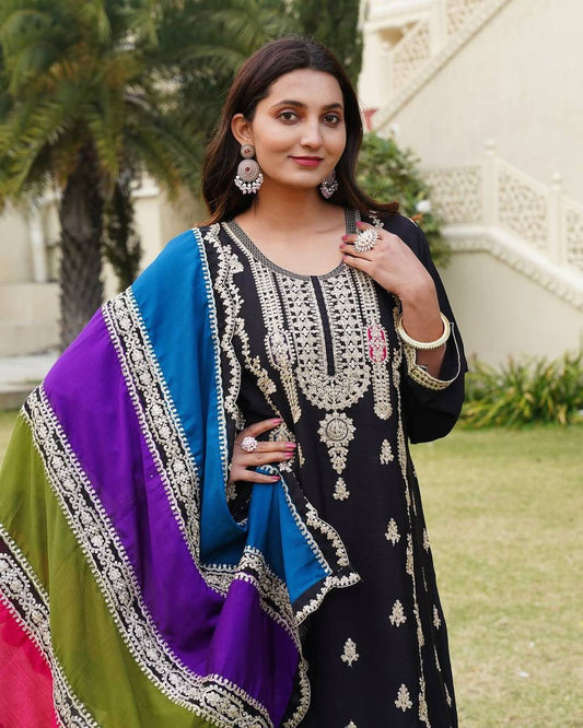 Pure Heavy Chinnon Silk With Heavy Embroidery Suit