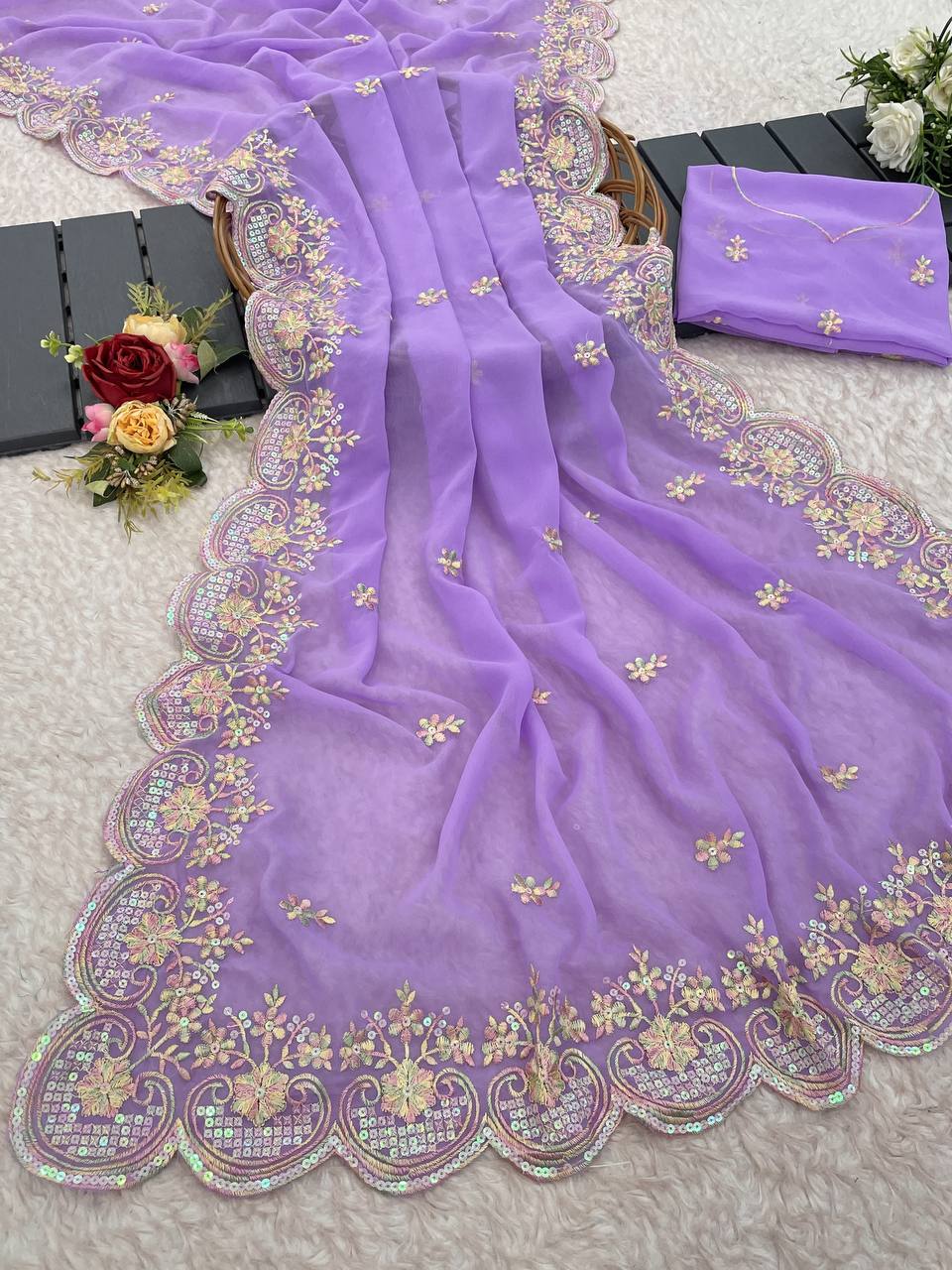 Pure Georgette heavy embroidery c pallu work Saree