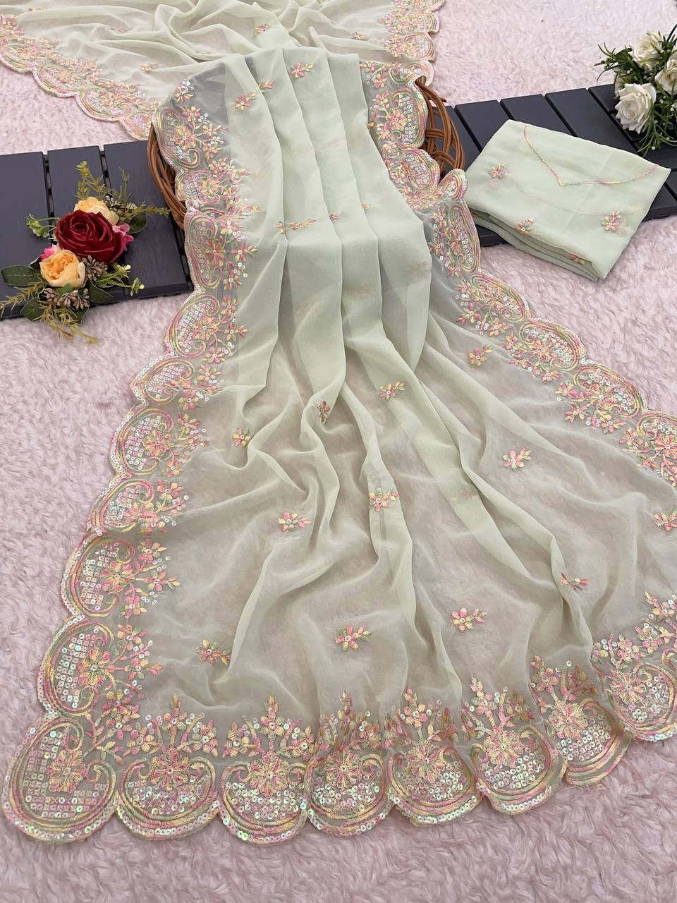 Pure Georgette heavy embroidery c pallu work Saree