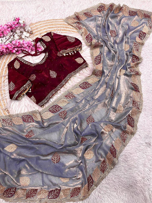 Fendy Sattin multi embroidery work with Sequence Butti Saree