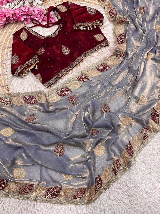 Fendy Sattin multi embroidery work with Sequence Butti Saree