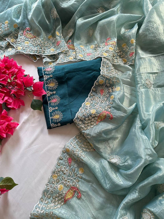 Introducing our Peacock Motif Embroidered crushed Organza Saree