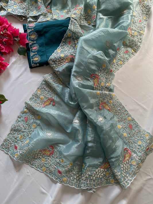 Introducing our Peacock Motif Embroidered crushed Organza Saree