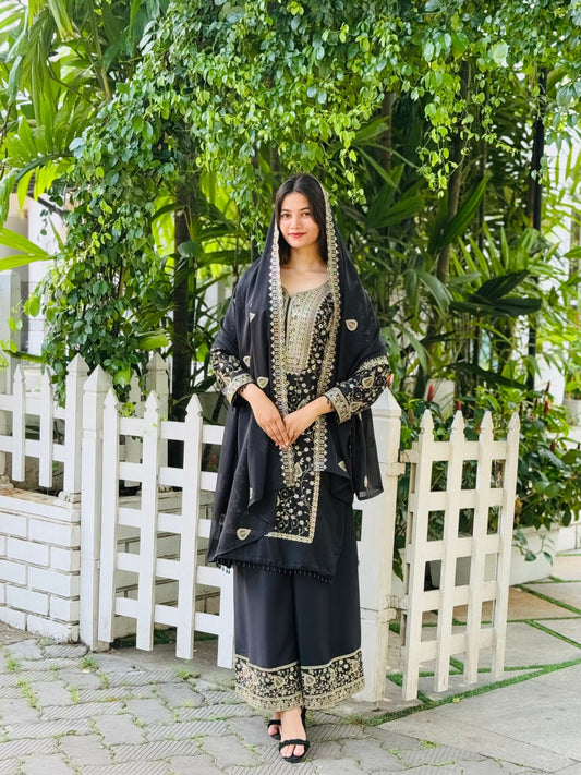 DESIGNER WEAR SEQUENCE EMBROIDERY ON STAR FOX GEORGETTE FABRIC