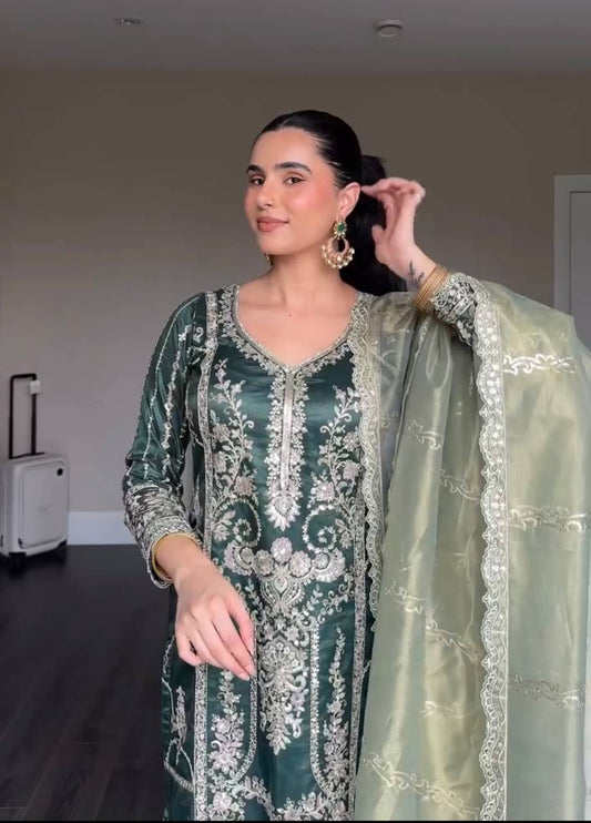 Pure Heavy Chinnon Silk With Heavy Embroidery Coding Sequence Work