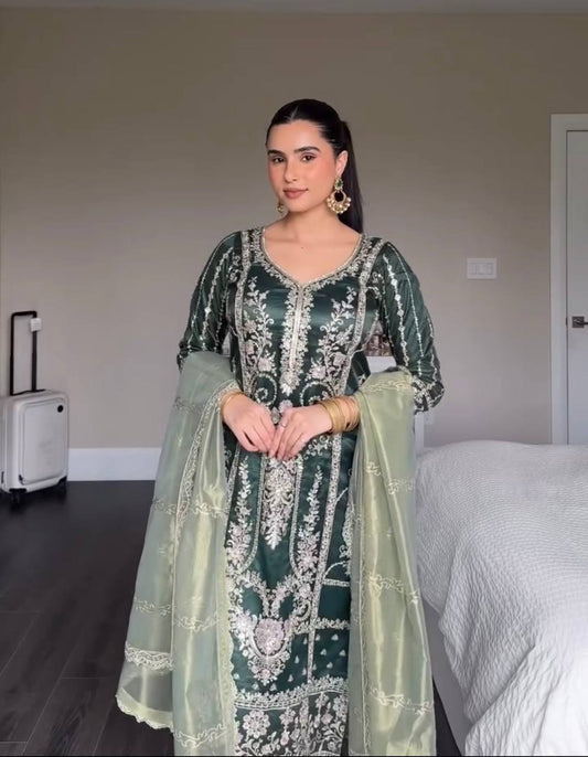 Pure Heavy Chinnon Silk With Heavy Embroidery Coding Sequence Work