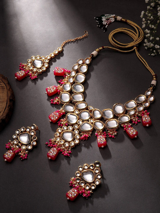 Gold-Plated Kundan Studded & Beaded Meenakari Jewellery Set