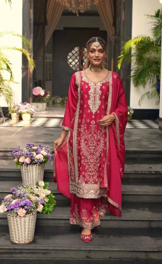 Pure Heavy Chinnon Silk With Heavy Embroidery Suit