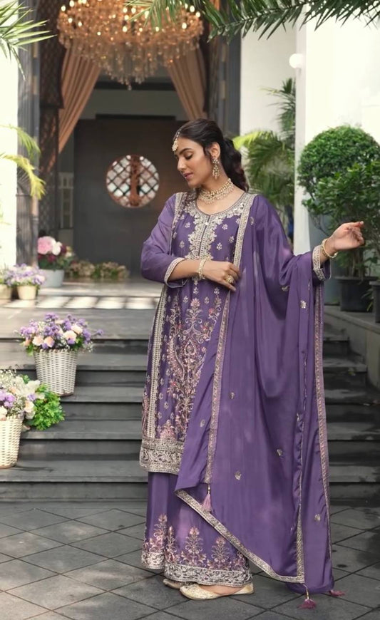 Pure Heavy Chinnon Silk With Heavy Embroidery Suit