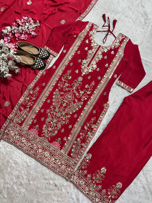 Pure Heavy Chinnon Silk With Heavy Embroidery Suit