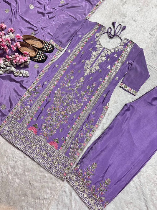 Pure Heavy Chinnon Silk With Heavy Embroidery Suit