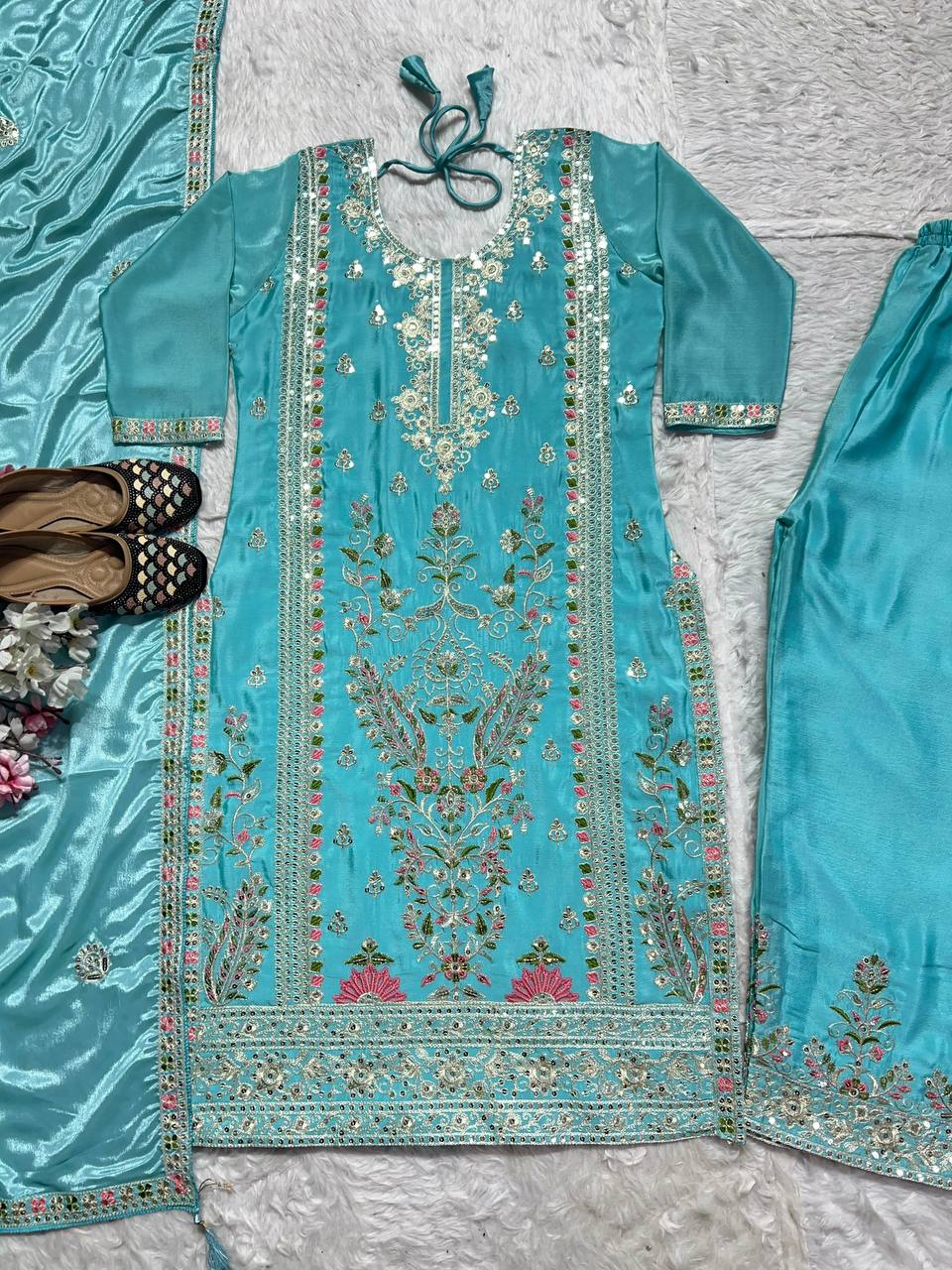 Pure Heavy Chinnon Silk With Heavy Embroidery Suit