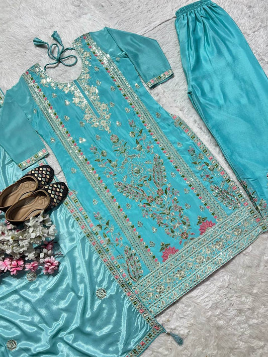 Pure Heavy Chinnon Silk With Heavy Embroidery Suit