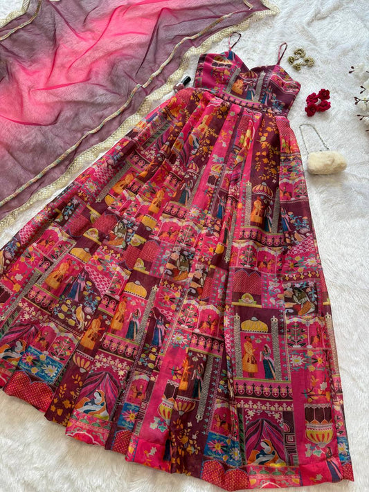 Pure organza silk digital printed padded gown