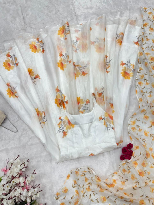 pure organza silk digital printed padded gown