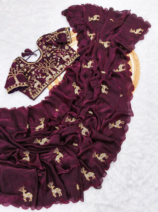 PURE SOFT FANDY SATTIN SILK FABRIC ON BEAUTIFUL HAND WORK SAREE