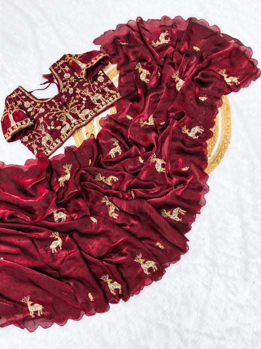 PURE SOFT FANDY SATTIN SILK FABRIC ON BEAUTIFUL HAND WORK SAREE