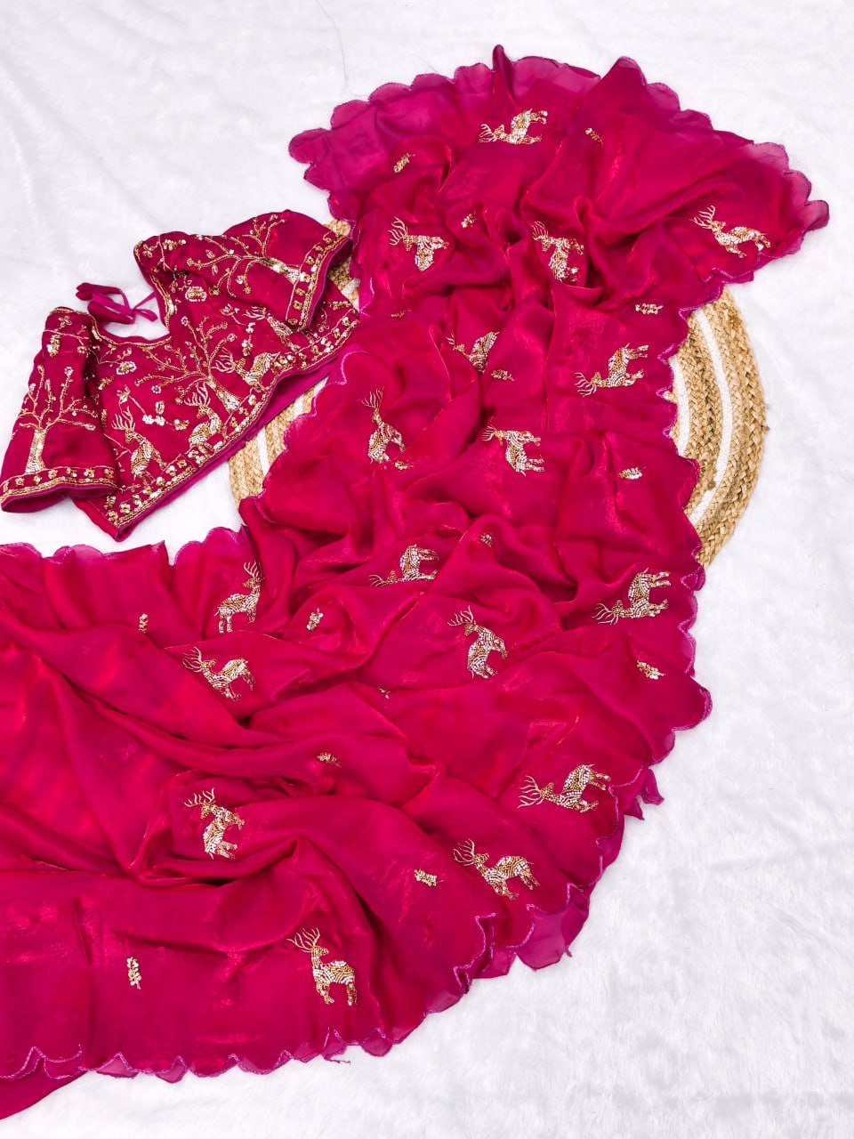 PURE SOFT FANDY SATTIN SILK FABRIC ON BEAUTIFUL HAND WORK SAREE