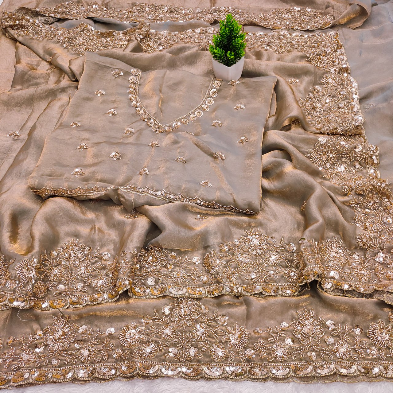 Pure Fandy Sattin Silk With Beautiful Original Beeda Work Saree