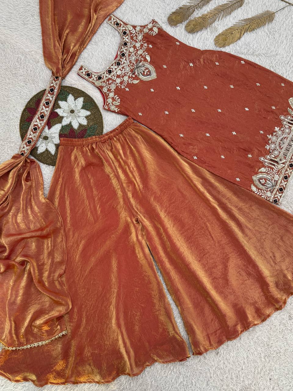 Presenting New Premium Quality With Embroidery Sequence Worked Top Plazzo