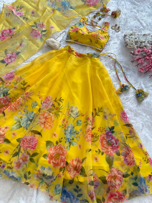 Pure organza silk floral printed lehnga