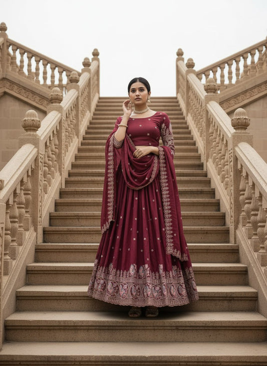 Dazzle in our embroidered burgundy lehenga