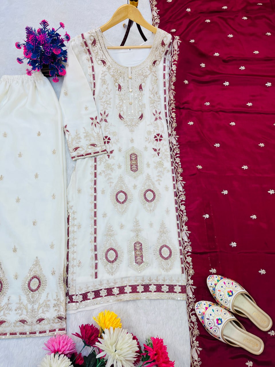 EID SPECIAL SEQUENCE EMBROIDERY ON SILK FABRIC TOP AND PLAZZO