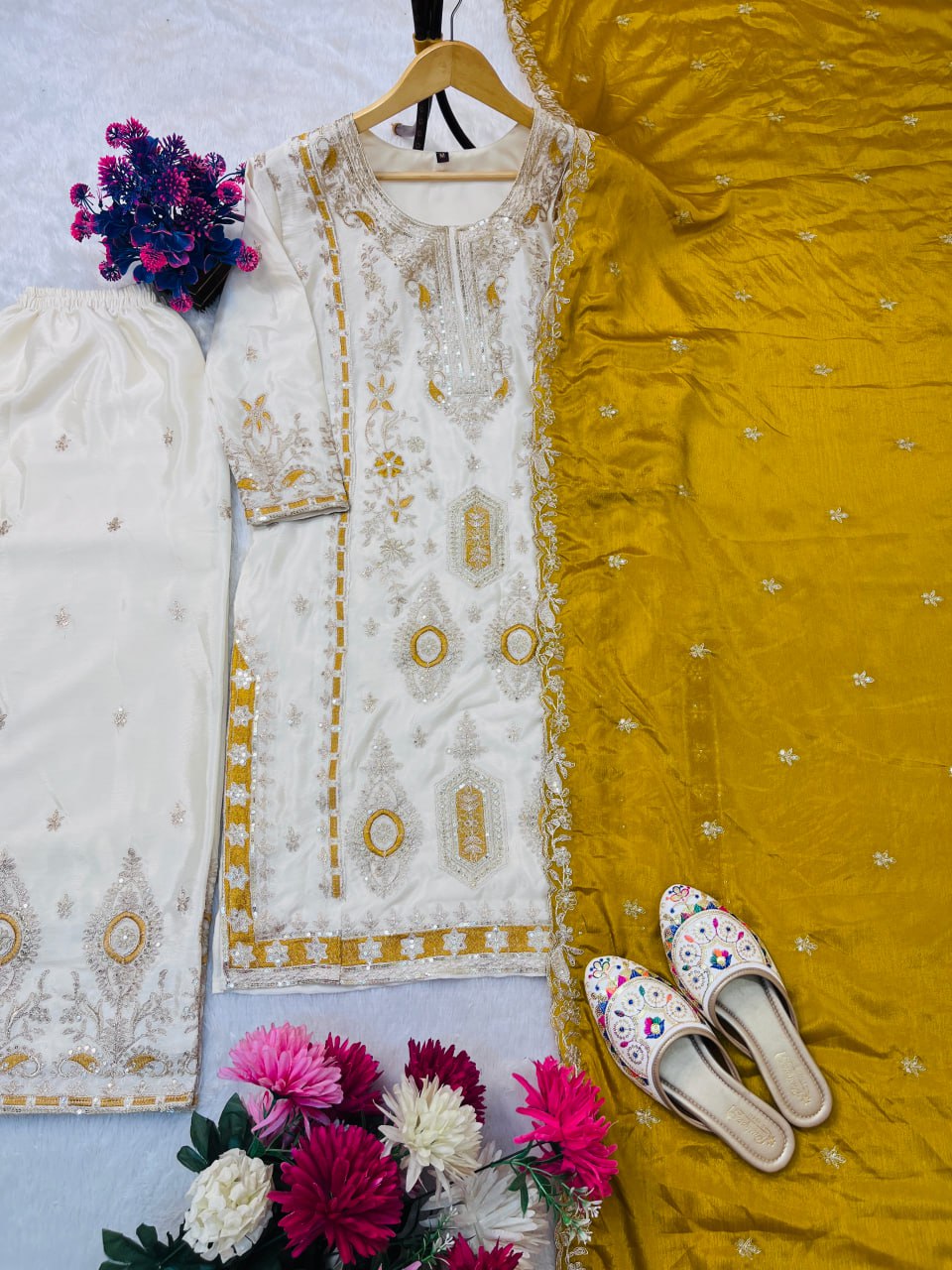 EID SPECIAL SEQUENCE EMBROIDERY ON SILK FABRIC TOP AND PLAZZO