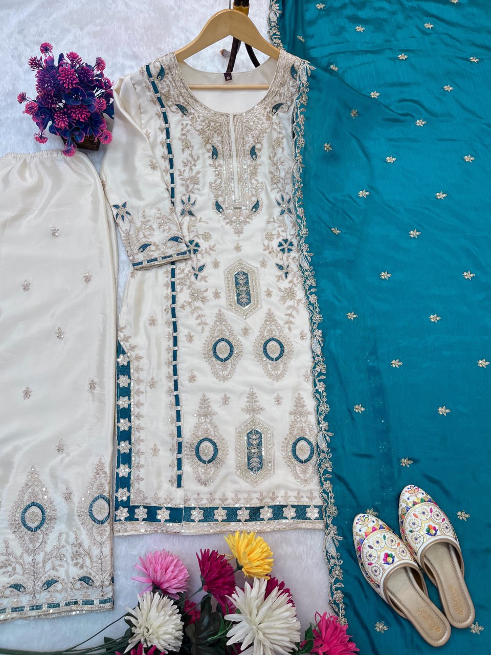 EID SPECIAL SEQUENCE EMBROIDERY ON SILK FABRIC TOP AND PLAZZO