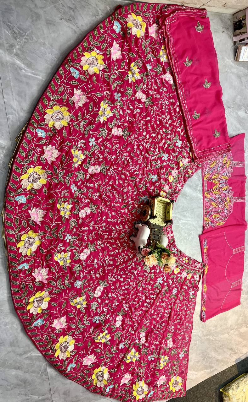 Einführung eines 4 Meter ausgestellten Lehenga mit Paillettenstickerei und Cut-Work
