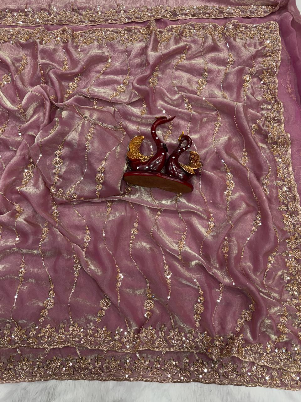 Soft space silk Beautiful Beads and Sequence Embroidery Work Saree