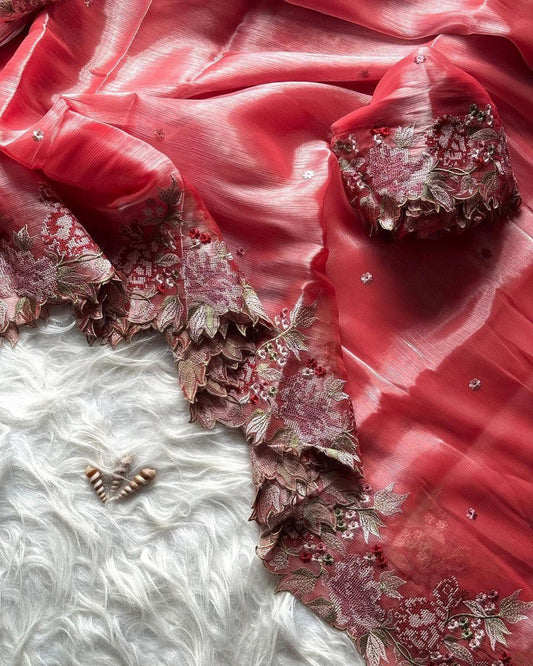 NEW IN MARKET RICH BURBIRY VIBES CUT WORK EMBROIDERY SAREE