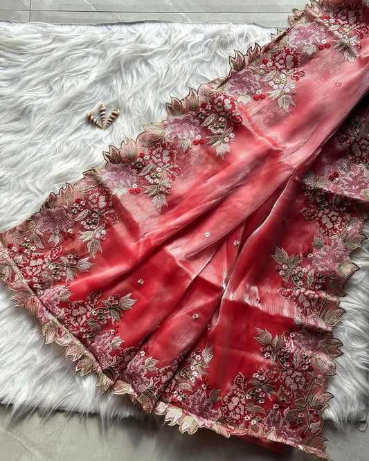 NEW IN MARKET RICH BURBIRY VIBES CUT WORK EMBROIDERY SAREE