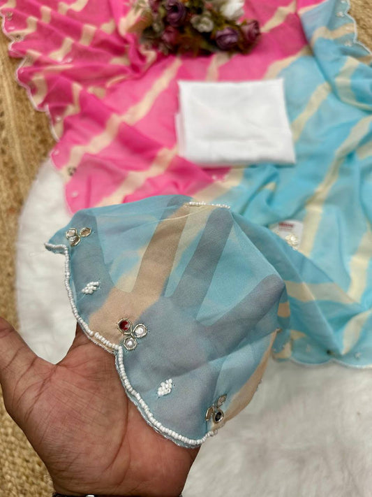 New lehriya style Tebi silk saree with designer handwork and mirror work