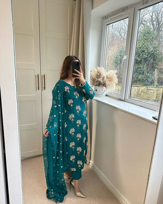 Pure Heavy Chinnon Silk With Heavy Embroidery Suit