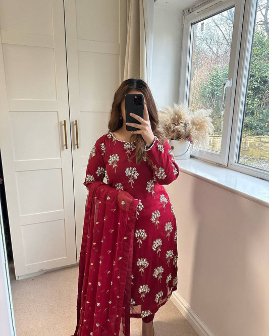 Pure Heavy Chinnon Silk With Heavy Embroidery Suit