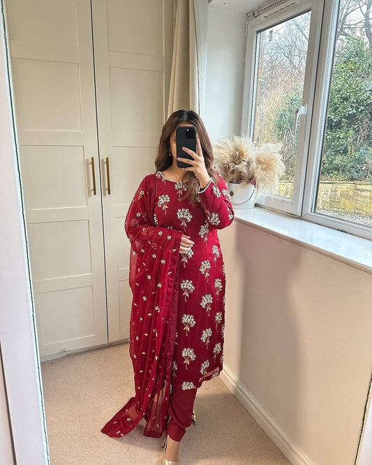 Pure Heavy Chinnon Silk With Heavy Embroidery Suit