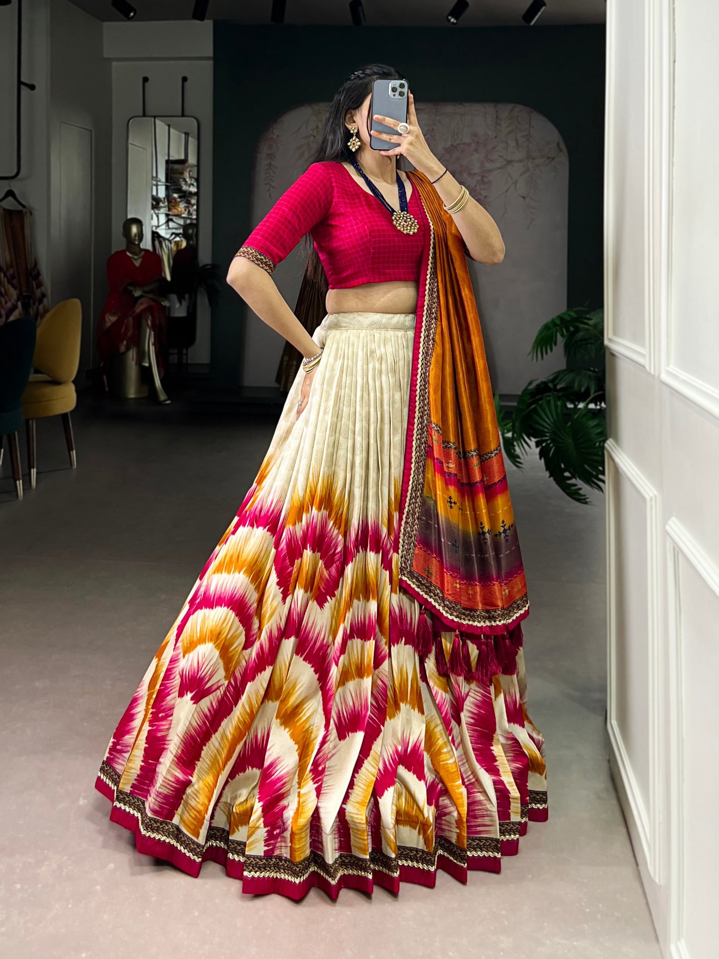 Tasar Silk Tie And Dye Print With Lace Touch Up Lehenga