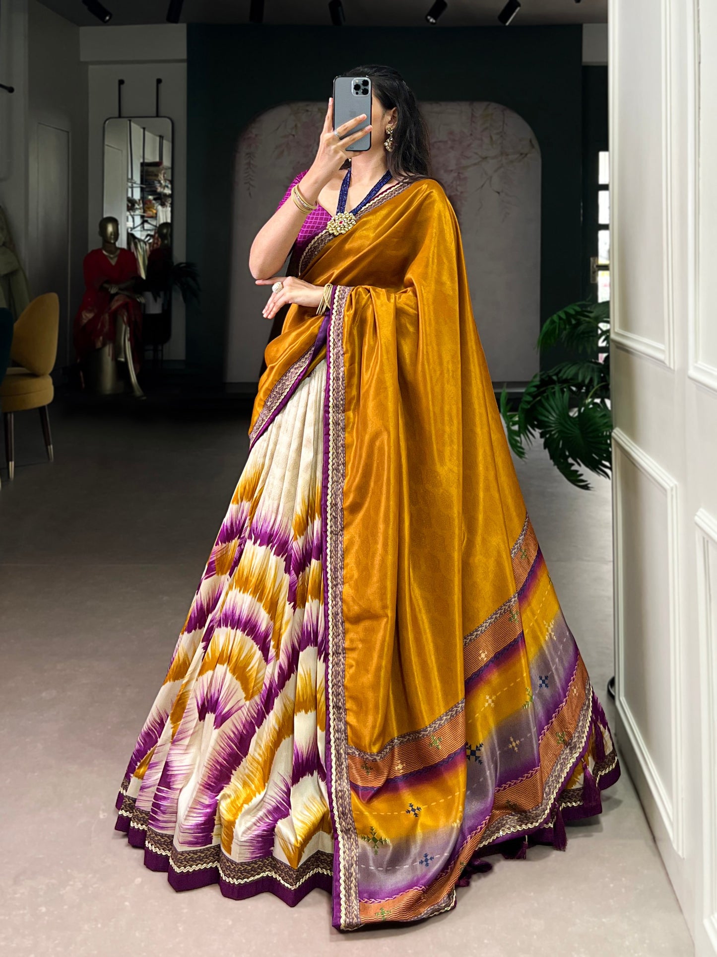 Tasar Silk Tie And Dye Print With Lace Touch Up Lehenga