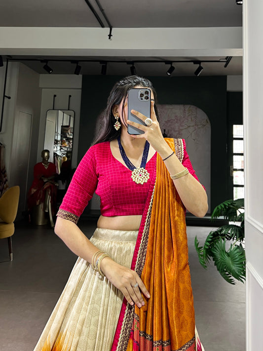 Tasar Silk Tie And Dye Print With Lace Touch Up Lehenga