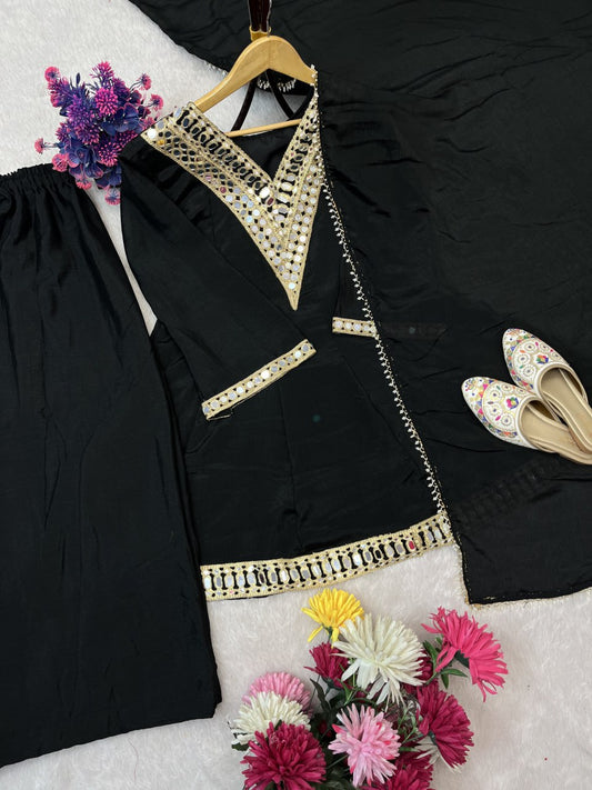 EXCLUSIVE 3 PIECE PLAZZO PAIR WITH REAL MIRROR AND EMBROIDERY WORK