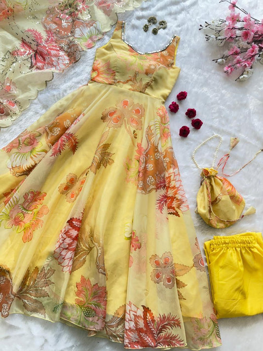 pure organza silk digital printed padded anarkali