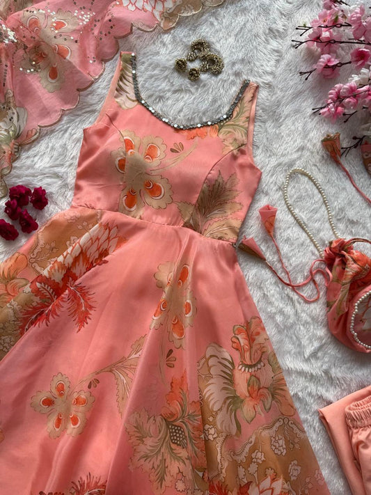 pure organza silk digital printed padded anarkali