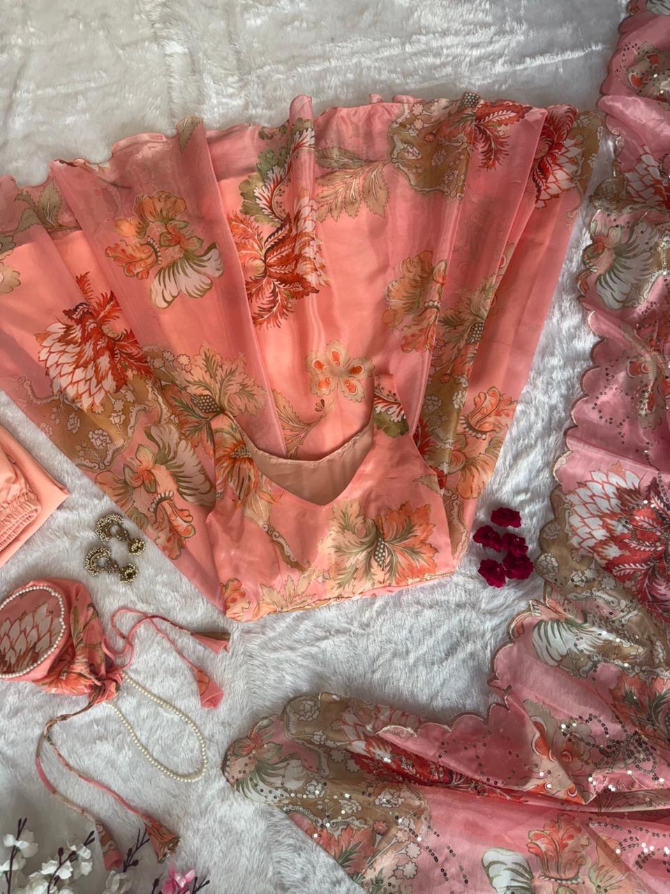 pure organza silk digital printed padded anarkali