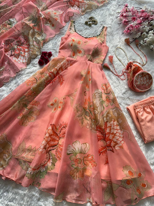 pure organza silk digital printed padded anarkali