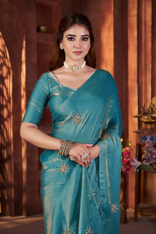 Fandy Satin Silk allover Beautiful Beads & Pipe Hand Work Saree