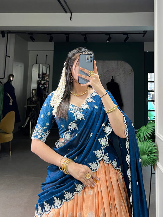 Zari Weaving Work With Sequins and Thread Embroidery Scallop Lace Border Lehenga