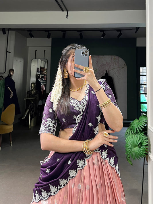 Zari Weaving Work With Sequins and Thread Embroidery Scallop Lace Border Lehenga