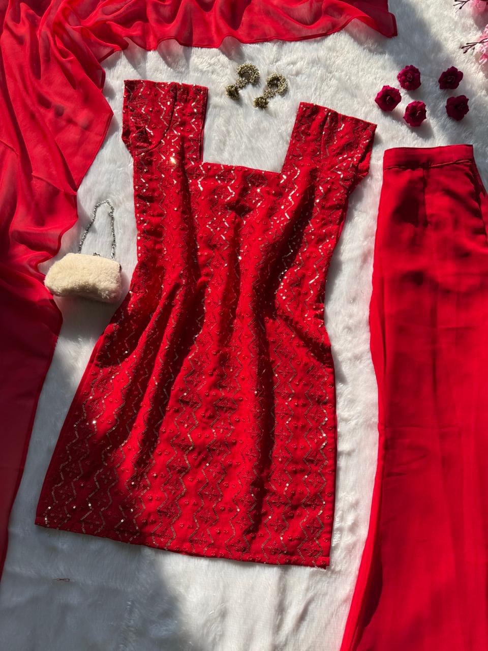 faux georgette embroidery sequencework straight cut fully stitched kurta